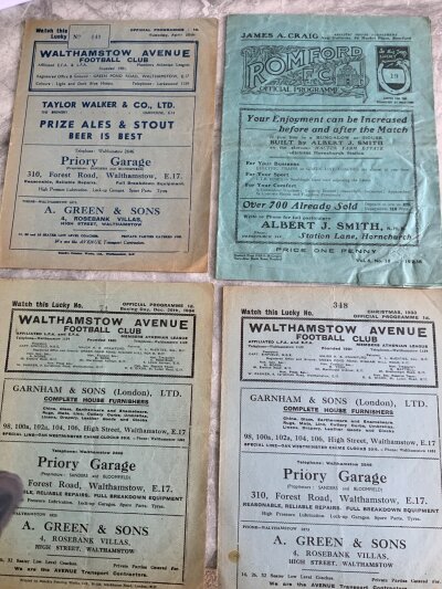 1930s Walthamstow v Romford Football Programmes: 33/34 which doubles up as Walthamstow v Hayes, 34/35, 36/37 all at Walthamstow and 37/38 at Romford. Very good. (4)