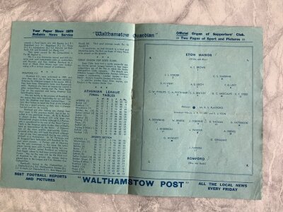 1938 Essex Senior Cup Final Replay Football Programme: Eton Manor v Romford played at Walthamstow on 14 5 1938. Excellent condition with no team changes. Score and scorers noted in pencil.