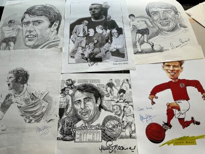 England 1966 Signed Football Prints: All 16 x 12 inches to include to different of Alan Ball plus Greaves Hurst Peters and Stiles. (6)