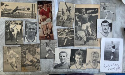 Manchester United Signed Magazine Pictures: Various sizes cut from different publications. Includes Dunne Cantwell Law Crerand Setters Gregg Dawson Viollet Gaskell Moir Charlton Herd McGuinness and Quixall. (19)