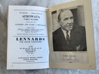 Manchester United 62/63 Signed Football Supporters Handbook: Centre page team group is signed by Giles Quixall Dunne Gaskell and Setters. Matt Busby has signed below his photo and individual pictures are signed throughout by Gaskell Setters Cantwell Quixall Law Herd Giles Dunne and Moir.