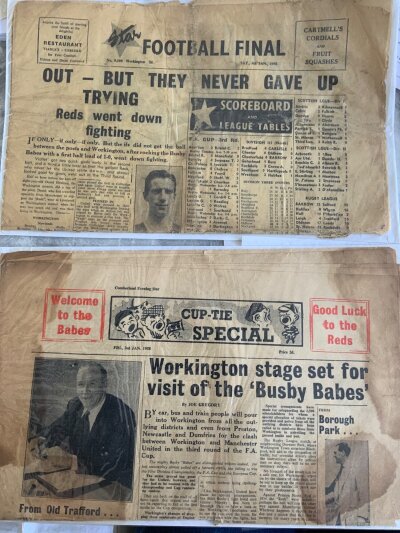 1950s Workington v Manchester United Football Newspapers: Build up to the famous FA Cup match in 1958. Includes Cumberland Evening Star the day before plus Workington Football Final after the match. From 1952 there are papers covering Workington v Liverpool + Carlisle. (4)
