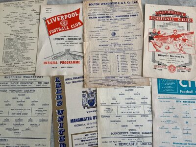Manchester United Away Reserves Football Programmes: Includes 55/56 Liverpool, 58/59 Bolton, 59/60 Liverpool, Preston, Man City, Sheff Wed plus some early 60s to include a harder to obtain 62/63 Everton typed sheet. Mainly very good. (15)