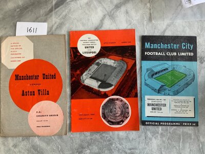 Manchester United Charity Shield Football Programmes: 1956 at Man City then home matches v 1957 Aston Villa token missing and 1965 Liverpool. Very good. (3)