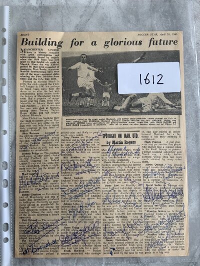 Manchester United 1963 Multi Signed Football Page: From Soccer Star magazine on April 20th 1963 hand signed over write up of each player which is mainly the FA Cup winning team. Includes Brennan Cantwell Chisnall Crerand Gregg Giles Gaskell Foulkes Dunne Haydock Herd Law McMillan Quixall Sadler Setters and Stiles.