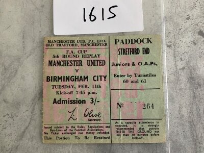 68/69 Manchester United v Birmingham FA Cup Football Ticket: Dated 11 2 1969 the 5th round replay ticket has light fold.