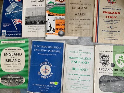 England Home Football Programmes Not Played At Wembley: 1948 Wales at Birmingham, 1949 Ireland at Man City, 1949 Italy at Tottenham, 1951 Ireland at Aston Villa, Portugal at Everton, 1953 Ireland at Everton, 1956 Denmark at Wolves and two more. Good. (9)