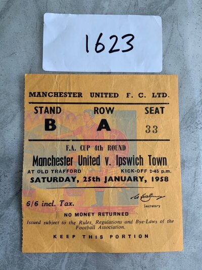 57/58 Manchester United v Ipswich Town FA Cup Football Ticket: Excellent condition ticket from the season Man Utd got to the final despite the Munich Air Disaster. Light folding.