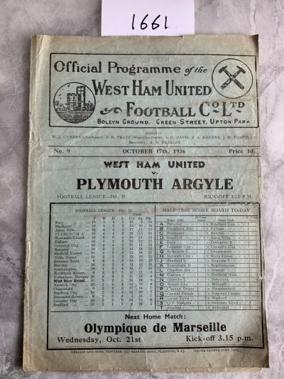 36/37 West Ham v Plymouth Football Programme: Fair condition division two programme with no team changes. Slight trim to border.
