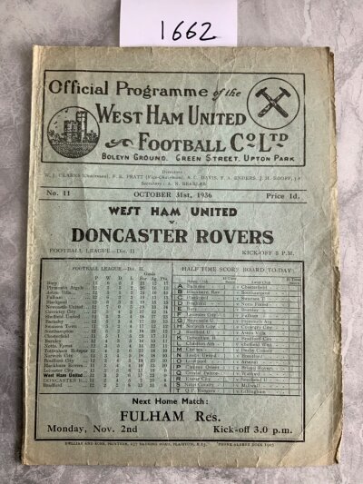 36/37 West Ham v Doncaster Rovers Football Programme: Fair/good condition division two programme with no team changes. Light creasing.