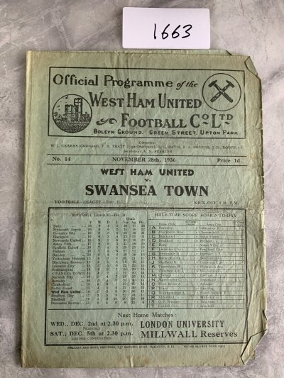 36/37 West Ham v Swansea Football Programme: Fair/good condition division two programme with no team changes. Wear to edge.