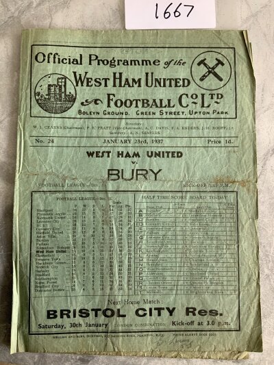 36/37 West Ham v Bury Football Programme: Fair condition division two programme with no team changes. Fold and creasing.