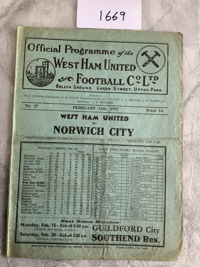 36/37 West Ham v Norwich City Football Programme: Good condition division two programme with no team changes.