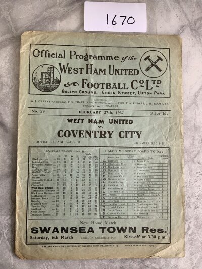36/37 West Ham v Coventry City Football Programme: Fair/good condition division two programme with no team changes. Tiny tear at bottom of spine and creasing.
