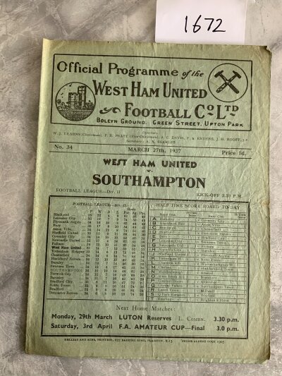36/37 West Ham v Southampton Football Programme: Good condition division two programme with no team changes.