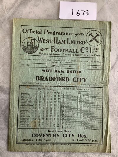 36/37 West Ham v Bradford City Football Programme: Fair/good condition division two programme with no team changes. Creasing and fold.