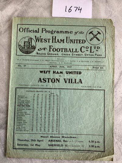 36/37 West Ham v Aston Villa Football Programme: Good condition division two programme with no team changes.