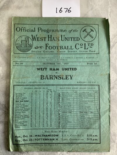 37/38 West Ham v Barnsley Football Programme: Good condition division two programme with no team changes. Creasing.