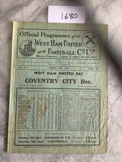 36/37 West Ham v Coventry Football Combination Programme: Fair/good condition reserves programme with no team changes. Light staining.