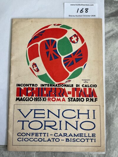 1933 Italy v England Football Programme: This was Cliff Bastins own copy and he has signed to team page.  Excellent condition 28 page programme.