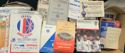 England Minor Team Football Programmes: Large quantity of U23, B, School, Youth etc England internationals in good condition. From the 5os onwards in 4 boxes with duplication. Includes tournaments abroad and more. Must view. (Est 700)