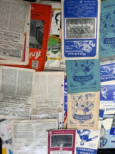 Football Programme Box: Large box of programmes from all eras and conditions. Many 40s and 50s which are often imperfect with 60s to 80s being very good. Worth a look as spotted some 1930s complete card albums.