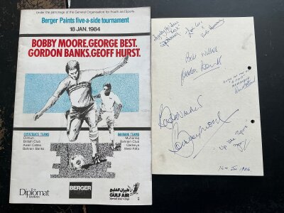 Bobby Moore West Ham + England Football Memorabilia: Includes large cardboard advertising figure, Moore and Banks signed 1984 Concorde menu, debut programme v Manchester United, football cards and more.