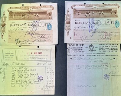 1920s Tottenham Hotspur Football Cheques + Correspondence Collection: An incredible must view collection of cheques and invoices from the 1920s that in many cases can be directly linked together. Lot totals 27 cheques and over 50 invoices or statements. Includes paperwork from various suppliers covering items such as Whisky Footballs Medical, Bootmakers Gas Electric Telephone and much more. An incredible collection.