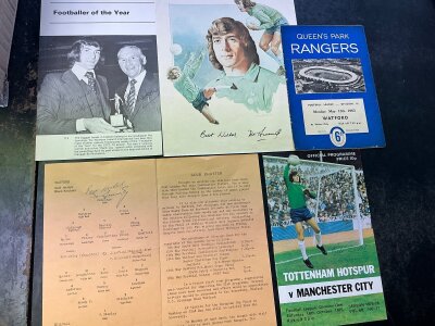 Pat Jennings Watford + Tottenham Football Memorabilia: Magazine picture featuring Footballer of the year Pat with Bill Nicholson and signed by both. Small poster of Pat wihich is signed plus his debut programme for Watford in 1963 and the week before reserve programme which he has signed. (6)