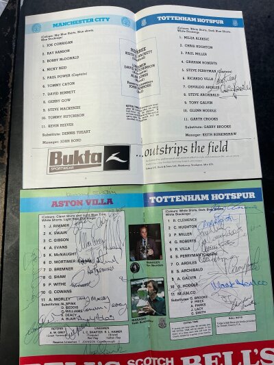 1981 Aston Villa v Tottenham Fully Signed Charity Shield Football Programme: Team page looks fully signed by both teams although the Tony Morley autograph looks a bit rushed. C/W FA Cup final replay programme signed by Ricky Villa and Ardiles. (2)
