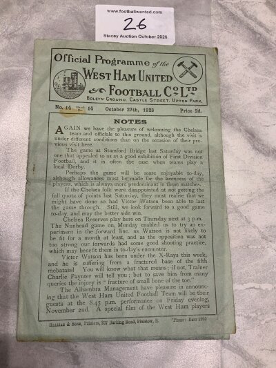1923 - 1924 West Ham v Chelsea Football Programme: Division One programme with no team changes from what we believe is the first league meeting between the clubs. Good with light fold.