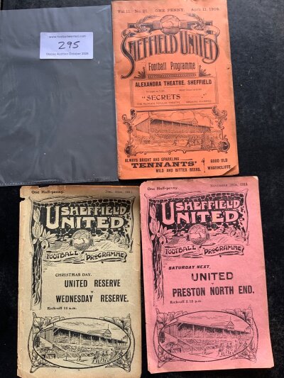Sheffield Utd Home Pre 1st World War Football Programmes: 1907 - 1908 Bury 1st team and reserves v 1911 - 1912 Sheffield Wednesday, 1913 - 1914 Leadmill St Marys. Fair condition ex bound programmes with no writing. (3)