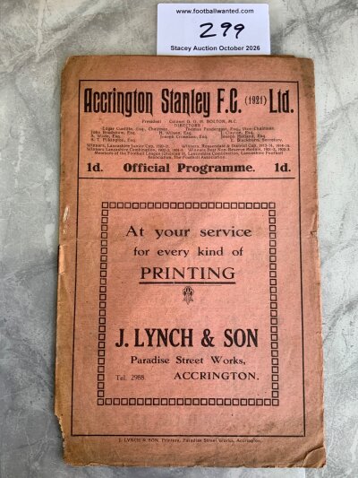 1926 - 1927 Accrington Stanley v Wigan Borough Football Programme: Fair condition programme with no team changes. Piece missing from lower spine. Hard to obtain Wigan programmes in the football league.