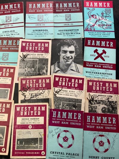 West Ham Signed Home Football Programmes: Small Hammer style home programmes from the 60s and 70s with often just one autograph mainly to cover. Includes Brown Burkett Brooking Lindsay Burnett Tyler Kirkup Leslie Dunmore and many more. (69)