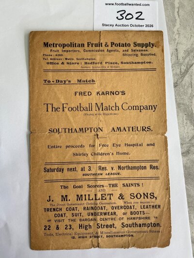 1923 - 1924 Fred Karnos X1 v Southampton Amateurs Football Programme: Karnos football team were based in Exeter and played charity matches v Exeter Leyton and others. Made up of ex footballers and included Spratt Manchester United McNaught Rangers Boyle Sheffield United and Hilsdon Chelsea. Karno who was a film and theatre star promoted a young Charlie Chaplin Will Hay Max Miller and Stan Laurel. We believe this match was played at the Dell but we are not certain. 6 page gatefold programme is fair with no team changes.