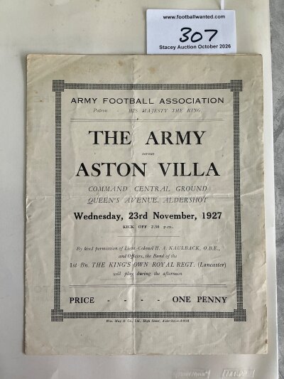 1927 - 1928 Army v Aston Villa Football Programme: Played at the Aldershot Military Ground on 23 11 1927. 4 pager has folding and has discolouration inside.