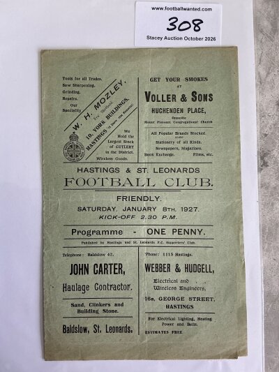 1926 - 1927 Hastings v Bank Of England Football Programme: Friendly match at Hastings + Stadium Leonards in excellent condition with no team changes.