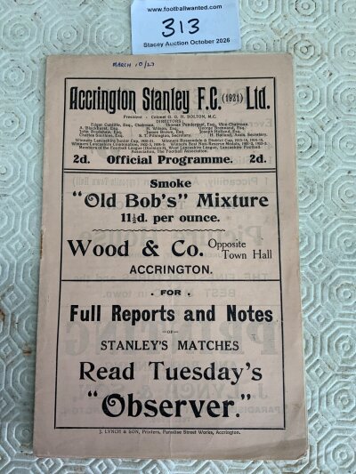 1922 - 1923 Accrington Stanley v Hartlepool Football Programme: Very good condition with no team changes. Date written to cover.