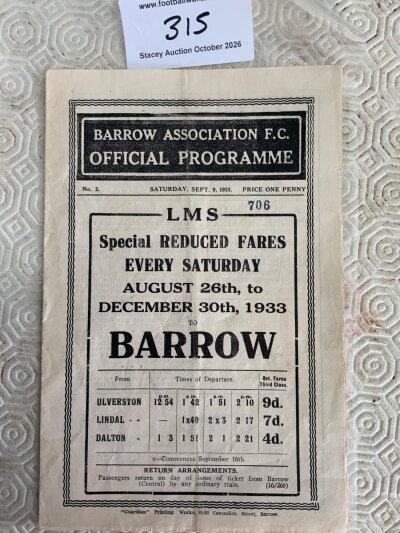 1933 - 1934 Barrow v Rotherham Football Programme: Very good condition division three match with no team changes. Lightest fold.