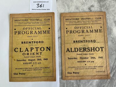 Brentford War Time Home Football Programmes: 42/43 Aldershot + 43/44 Clapton Orient. Both League matches in very good condition with team changes. (2)