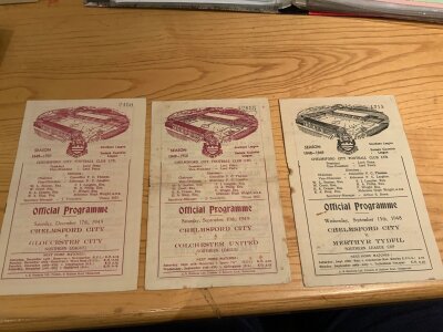 Chelmsford City Home Football Programmes: 48/49 Merthyr Tydfil 49/50 Colchester Gloucester then 23 mainly early 50s and a further 16 from the 60s. Mainly good. (42)