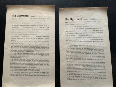 1950s Birmingham City Football Contracts: 58/59 contract for goalkeeper Colin Withers hand signed by Withers who played 98 times for City before joining Aston Villa. C/W a 57/58 signed contract for club legend Ken Green a one club man who played 401 times for City. (2)