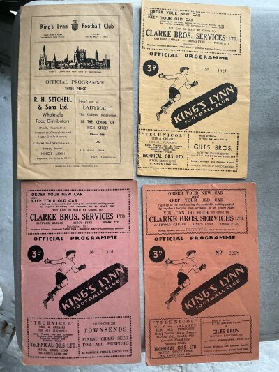 Kings Lynn Home Football Programmes: Includes 48/49 Gorleston Miller Shield final, 51/52 Lowestoft ECL, 52/53 Stowmarket ECL. Very good. (4)