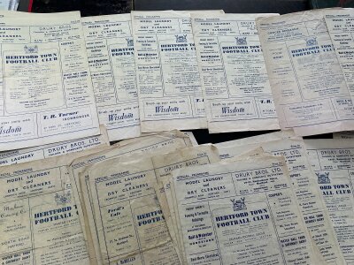 Hertford Home Football Programmes: Scrapbook with cuttings etc from the mid 50s to early 60s with 37 loose programmes the former property of player Trundle.