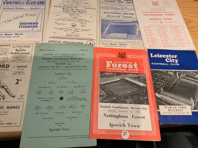 Ipswich Town Away Reserve Programmes + More: Hundreds in 2 folders from 50s onwards. C/W first team away programmes from 74/75 to 76/77 which could be complete. (3 folders)
