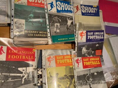 Ipswich Town Football Records + Publications: Folders of hand written notes filled out by Ipswich historian to include team line ups from all types of matches including Eastern Counties League, Southern League so would hope these get appreciated for the years of work involved. Publications include Those Were The Days,, Dribble, A Load Of Cobbolds, Suffolk Punchline, Blue Arrow, East Anglian Football and many more plus many newspapers. There are 3 large boxes containing around 15 folders. Must view. Not for posting.