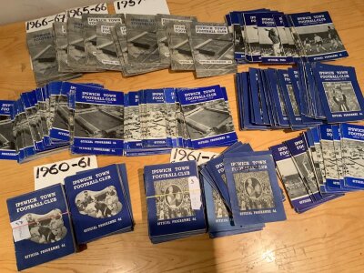 Ipswich Town Home Football Programmes: Pocket size programmes in excellent condition from 58/59 to 66/67. Around 100 in total from 58/59 + 59/60, 50 x 60/61 including Barnsley League Cup, 60 x 61/62 championship season, 50 x 62/63, 20 x 63/64, 17 x 64/65, 30 x 65/66, 50 x 66/67. Numbers are approx but not far short of 400.