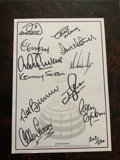 Aston Villa Football Memorabilia: 80/81 1st division champions 40th anniversary book signed by Qq which is a Ltd edition 203/500. Early 2000s small player photos, old autograph page. Signed magazine pictures which have of Saward Sewell Smith and Lynn plus some photos of ground rebuilding and team groups.