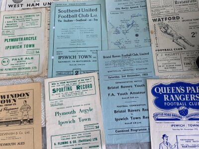 1950s Ipswich Town Reserves Football Programmes: Includes 46/47 Southend punch holes, 47/48 Plymouth fair, 48/49 Swindon, 49/50 Watford, 50/51 Plymouth, 52/53 QPR. (18)