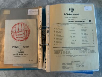 Ipswich Town Youth Away Football Programmes: Rare private collection of Under 18 21 and Youth Cup programmes and colour team sheets from 1970 Zambia Tour to 2024. Includes mid 60s Cambridge United Mercia League, 72/73 Bournemouth SJFC, 75/76 Aston Villa SJFC final, 80/81 Chelsea. Unwritten in excellent condition. (214)